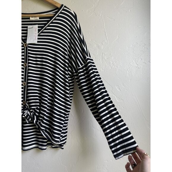 New! Bibi Size Medium Black White Striped V-Neck Top Tie Knot Waist - Picture 7 of 12